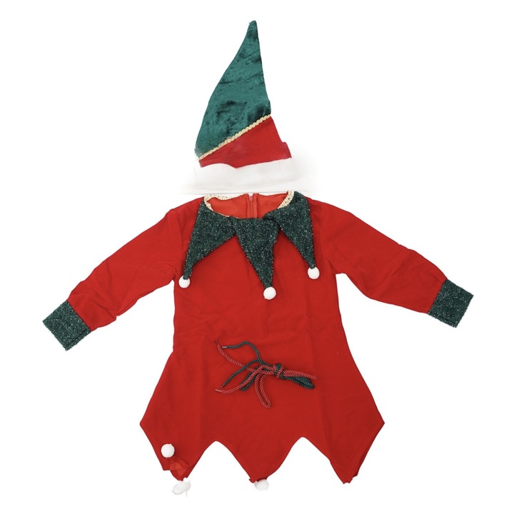Costum tema Craciun pentru fetite 4 - 6 ani, model Spiridus, catifea, Rosu-Verde
