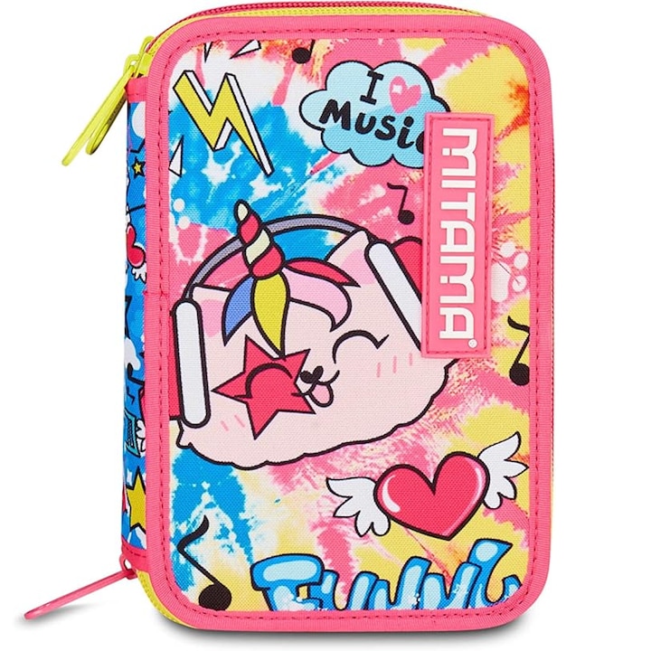 Penar echipat Mitama 3 compartimente, 47 piese, design Pisica, galben-negru, 14.5x7.4x20cm