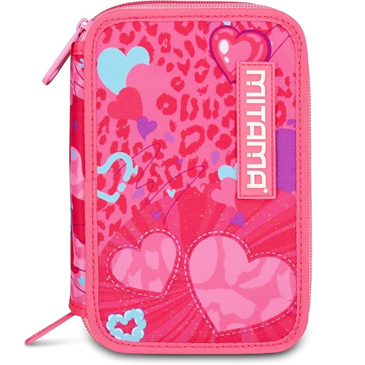Penar echipat Mitama 3 compartimente, 47 piese, design inimi roz, 14.5x7.4x20cm
