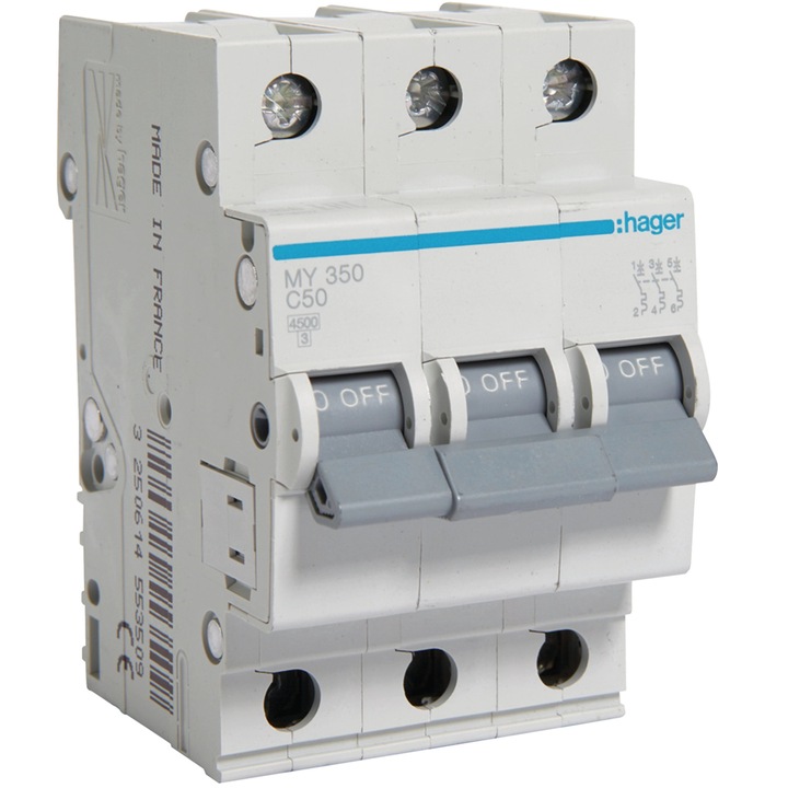 Disjunctor modular Hager MY350, 3P, 50A, 4,5kA, curba C, 3M
