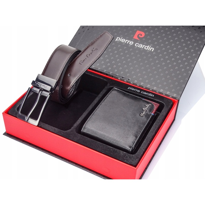 Set Pierre Cardin Piele: Portofel Elegant cu Protectie RFID si Curea Reversibila Negru/Maro, Marimea 115