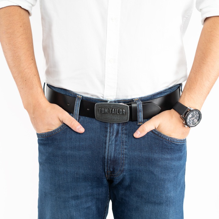 Férfi Öv, Tom Tailor, TG1060R01/791, Regular Fit, Fém Csat, Klasszikus Design, Nadrághoz, Farmerhez, Rövidnadrághoz, 100% Valódi Bőr, 85 cm, Fekete