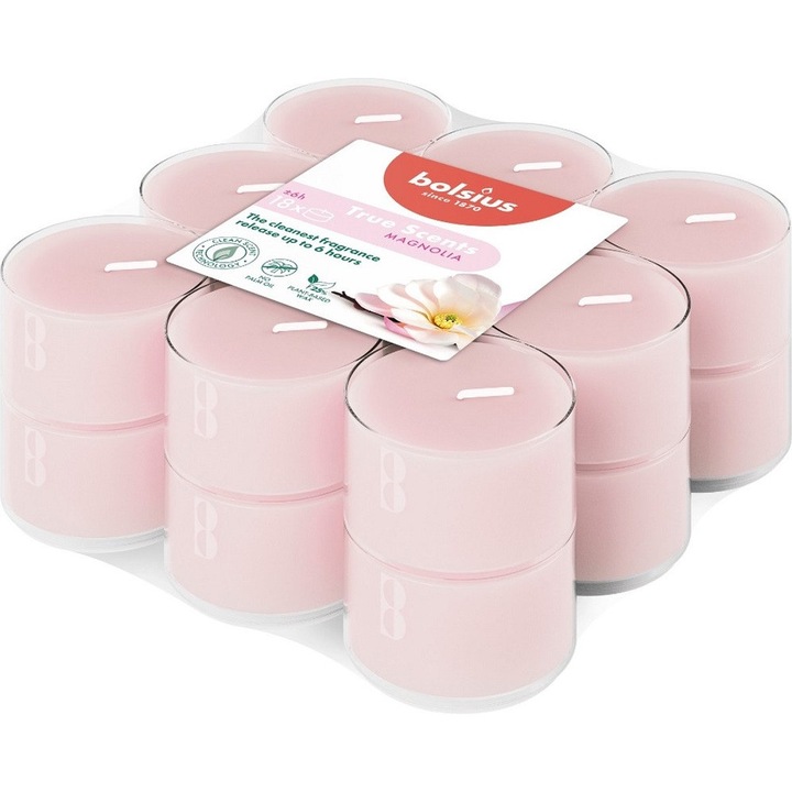 Set 18 Lumânări Parfumate Bolsius True Scents, Aromă Magnolie, Roz, 38mm