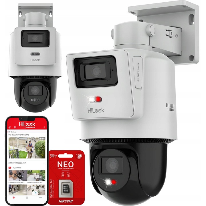 Camera de supraveghere exterior HiLook TandemVu IP PTZ 8MP, rezolutie 4MP duala, Smart Hybrid Light, microSD 128GB, rezistenta IP66