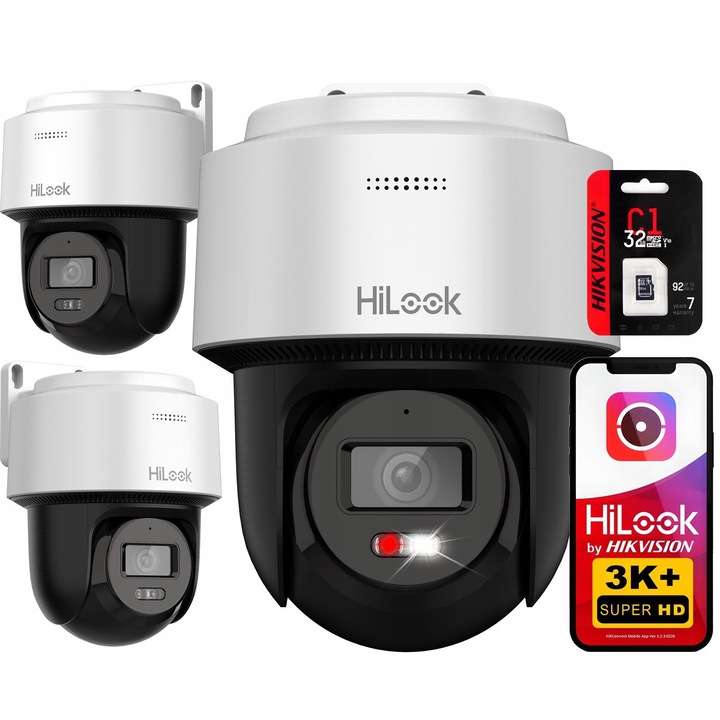 Cameră de supraveghere PTZ 6MP HiLook, audio bidirectional, nocturnă, exterior, rezistentă la intemperii, card microSD 32GB inclus