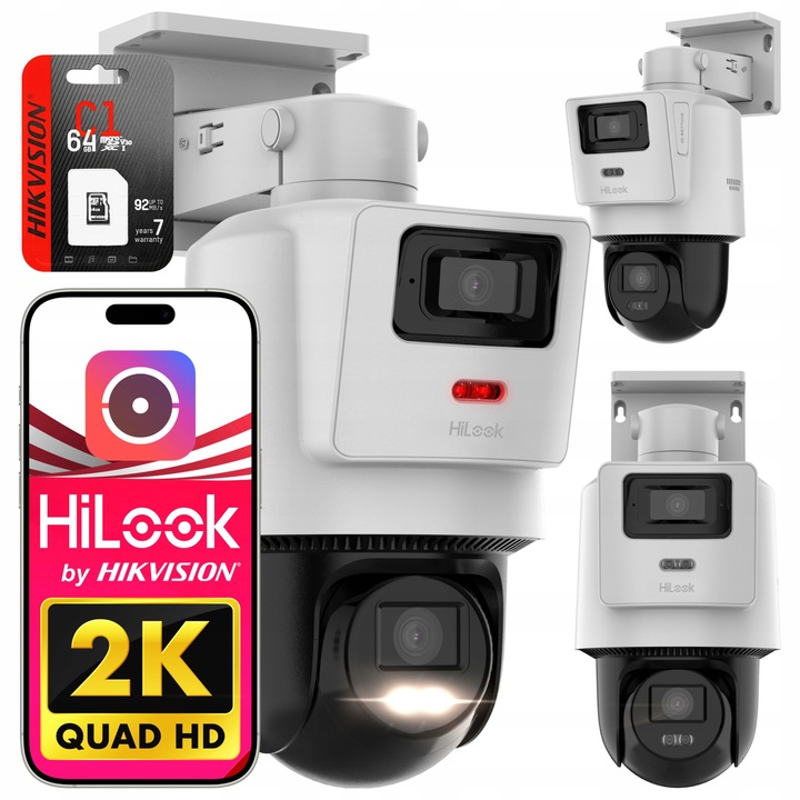 Cameră de supraveghere exterioară PTZ HiLook 4MP, Smart Hybrid Light, microfon și difuzor integrate, card 64GB inclus