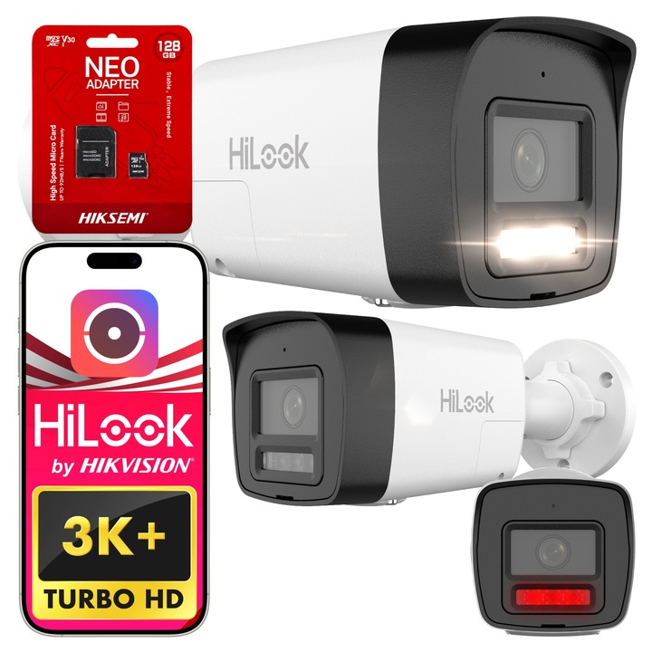 Външна камера за наблюдение, Hilook, IPCAM-B8-30DL/A, 8MPX, водоустойчивост/прахоустойчивост IP67, включена 128GB карта