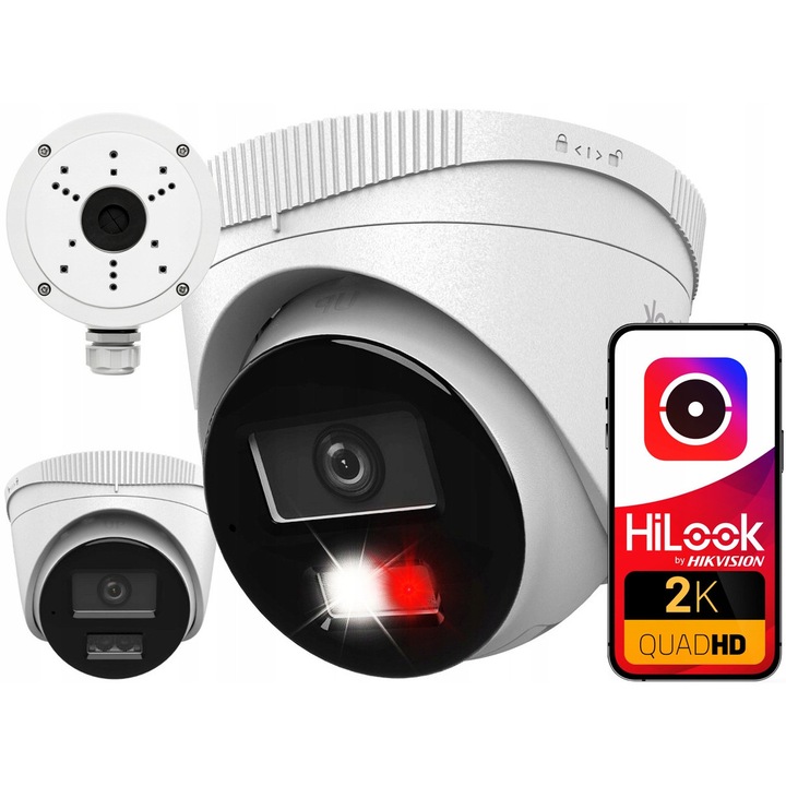 Cameră de supraveghere HiLook 4MP, Hybrid Light, Microfon, IP67, cu cutie de montaj