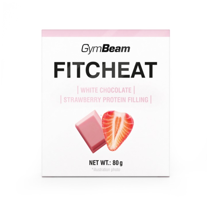 Baton ciocolată proteică Fitcheat, GymBeam, 80 g, căpșuni și ciocolată albă, 18.4 g proteine