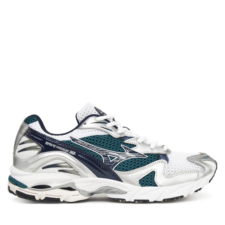 Mizuno Wave Rider 10 sportcipő, uniszex, fehér/bariton kék/mélykékeszöld, ökológiai bőr