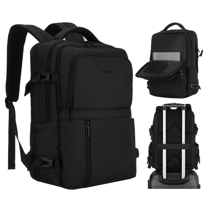 Rucsac laptop Peterson, urban, 44cm, negru, cordura, 3 compartimente, 11 buzunare