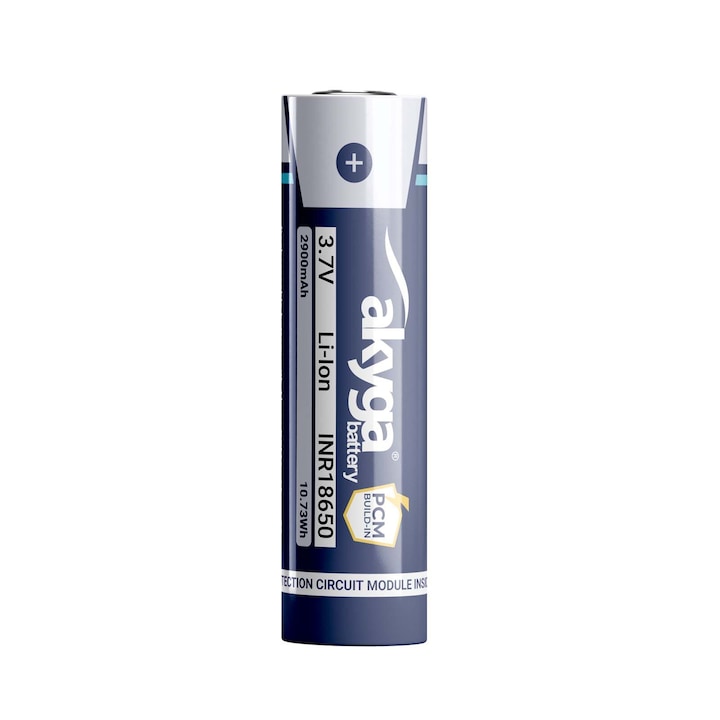 Baterie Li-Ion 18650 Akyga 2900mAh, 3.7V, cu protectie PCM, dimensiuni 18.5x70mm