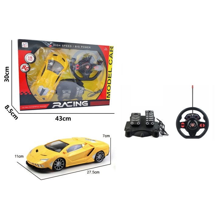 Mamido Távirányítós autó 1:16 versenyautó modell kormánnyal és pedálokkal, sárga