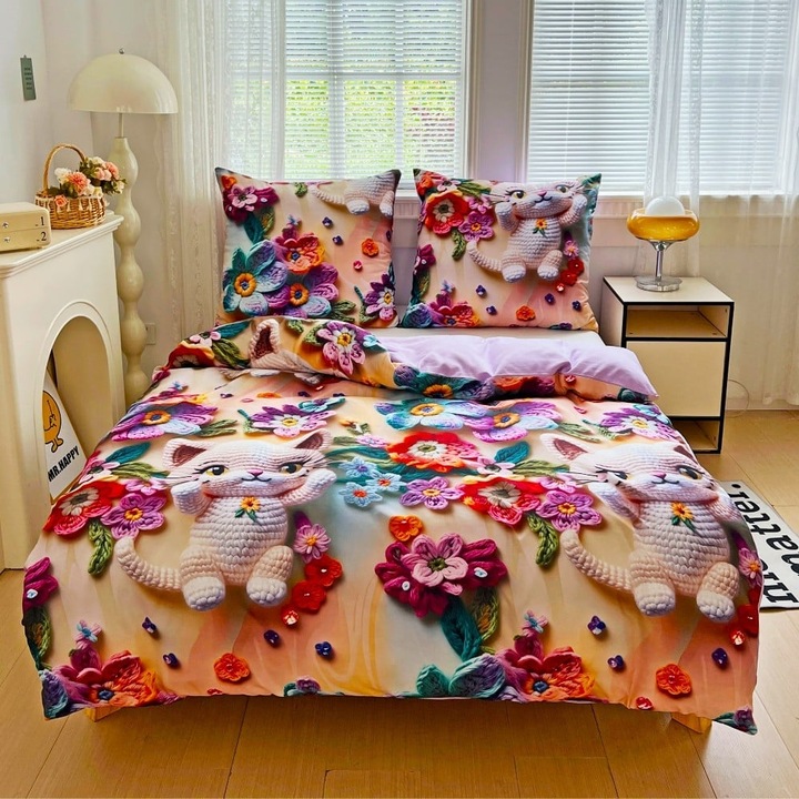 Set de lenjerie de pat 200x220 bumbac satinat model 5D fata-verso GierekHoff gros 3 piese GH 3115 pisica tricotata