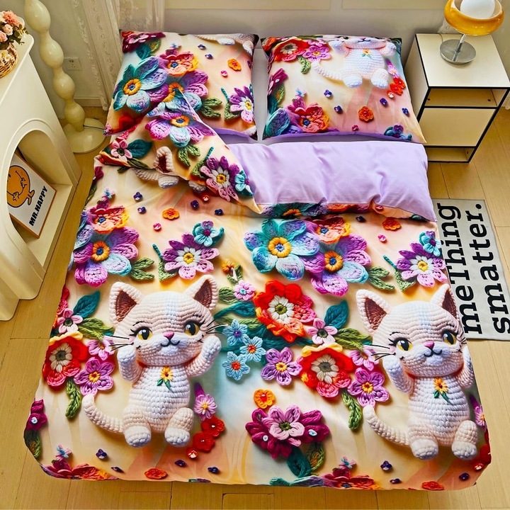 Set lenjerie pat 160x200 cm, bumbac satinat 3 piese, model 5D fata-verso, GierekHoff GH 3114, pisica tricotata