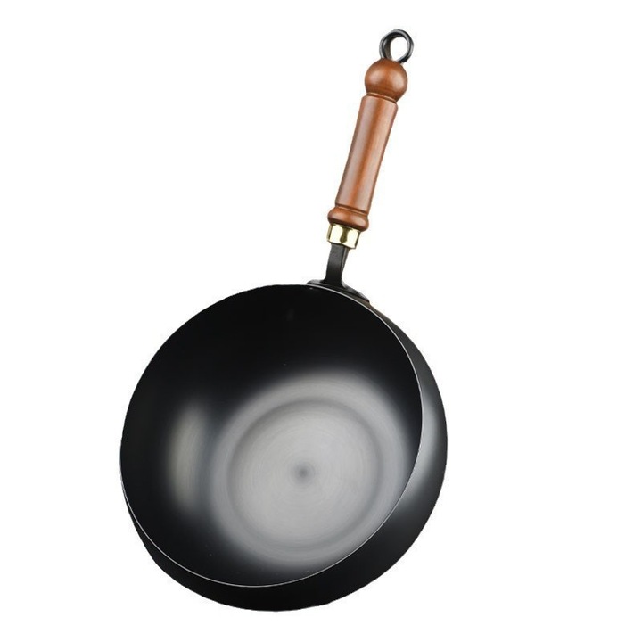 Тиган тип уок, чугун, 24 см, с капак, подвижна дървена дръжка