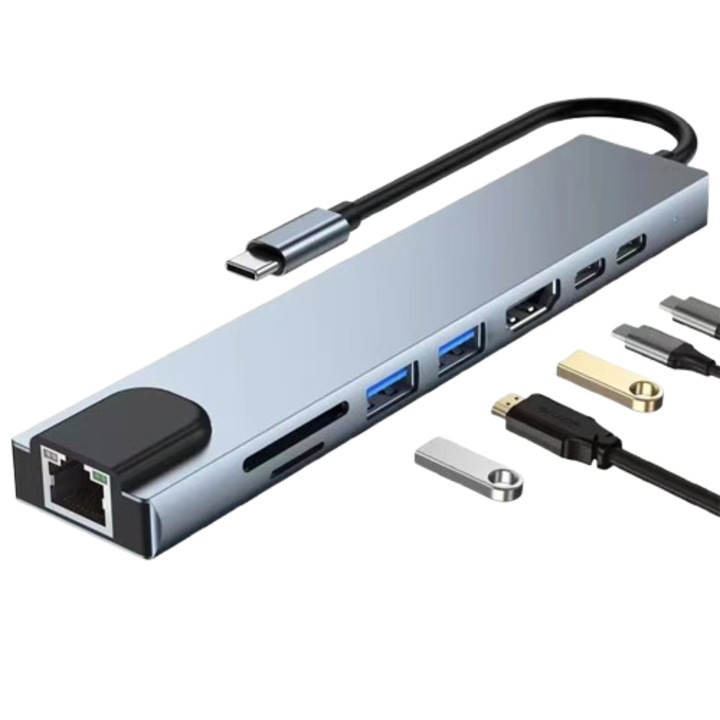 Adaptor Docking Station 8 in 1, port USB-C in Ethernet Port, 3 porturi USB, 5G USB-C, 100Mbps, Argintiu