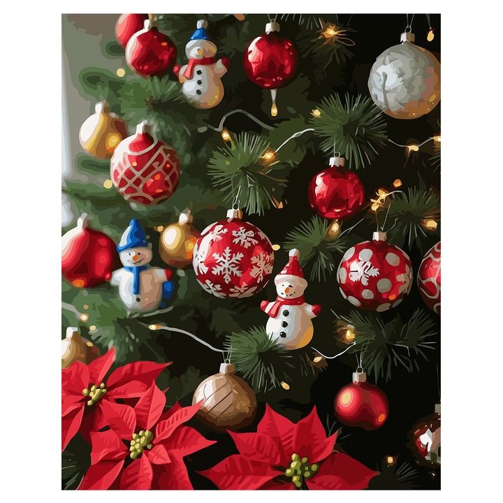 Set pictura pe numere Decoratiuni de Craciun 6218, panza bumbac pe rama lemn, 90x120 cm, tablou cu schita, 3 pensule si vopsea acrilica