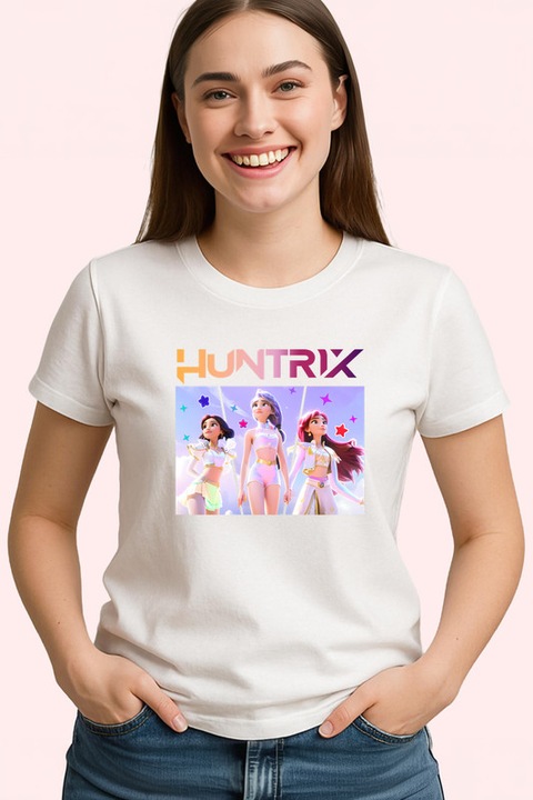 Tricou Huntrix K-Pop Hunters Demon Echipa Huntrix In Tinute Albe, Dama, 100% Bumbac, Cri-Flo, Culoare Alb, Marime M