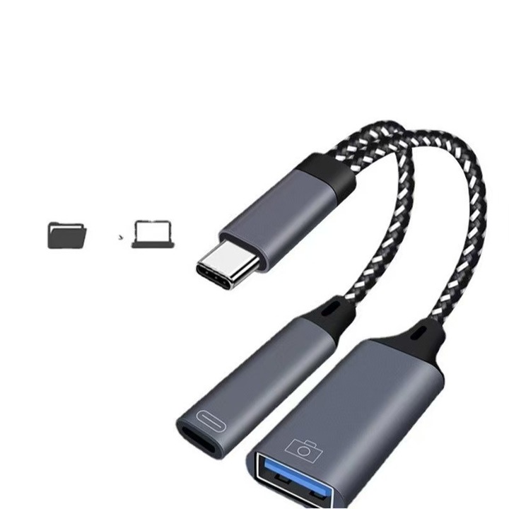 Adaptor USB-C cu incarcare PD si port USB 3.0, gri, 12cm