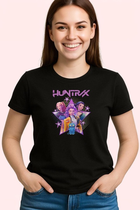 Tricou Dama K-Pop Hunters Demon Huntrix Afis Oficial Echipa, Negru