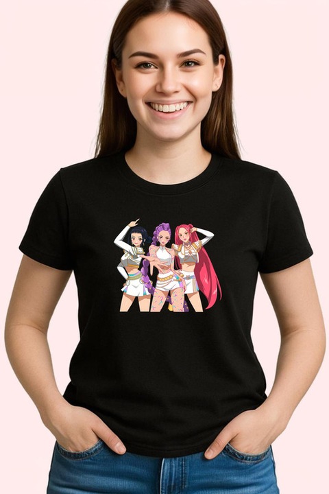 Tricou Dama K-Pop Hunters Demon Huntrix Scena Vesela Cu Personajele, Negru