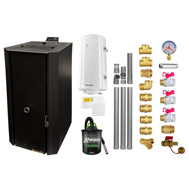 Set Centrală termică pe peleți Fornello Rossi B Black 25 kW, boiler termoelectric 100 l, termostat Salus 091FLRFV2, aspirator 1000 W, kit evacuare 3.5 m