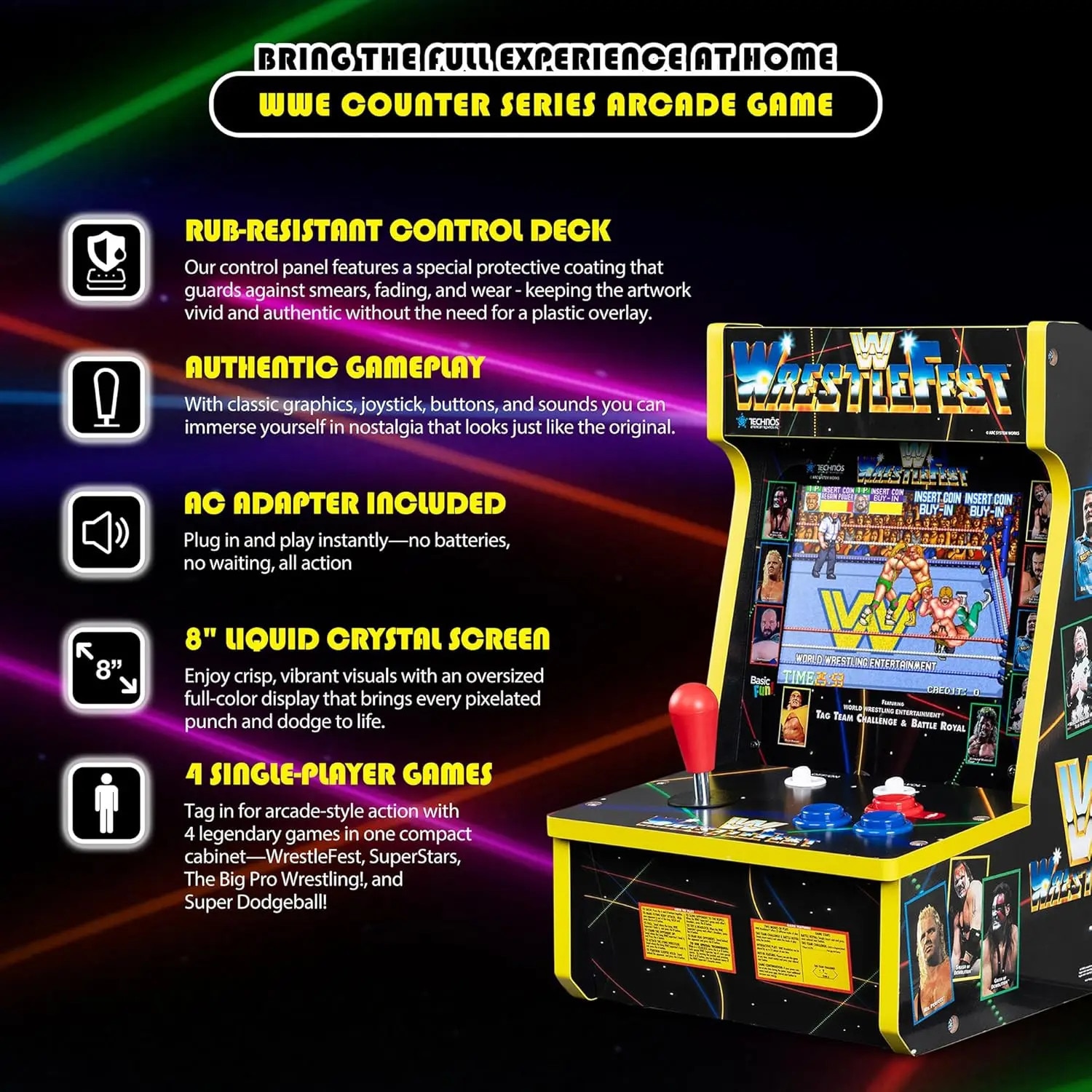 Consola 4 jocuri ARCADE1UP, WWE Counter Arcade, H 40.6 cm, un jucator, ideala pentru masa/birou/game room/bar, grafica retro vibranta, display LCD color 8 inch, difuzor extern, control al volumului, multicolor