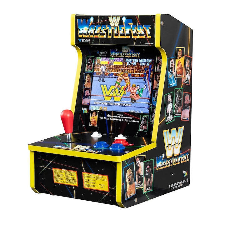 Конзола с 4 игри ARCADE1UP, WWE Counter Arcade, В 40.6 см, един играч, идеална за маса/бюро/стая за игри/бар, живи ретро графики, 8-инчов цветен LCD дисплей, външен високоговорител, контрол на силата на звука, многоцветна
