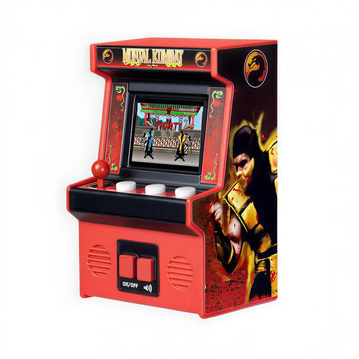Mini hordozható játékkonzol, ARCADE1UP, Mini Classic Mortal Kombat, 23 cm magas, egyjátékos, utazáshoz, élénk retro grafika, színes LED kijelző, külső hangszóró, hangerőszabályzó, 3 x AA elemmel működik, ajándéknak ideális, többszínű