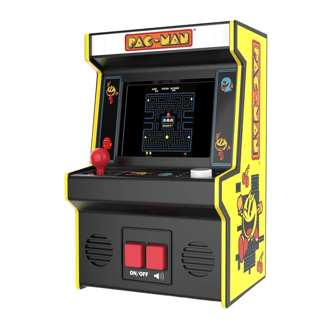 Mini consola joc portabila ARCADE1UP, Mini Classic Pac-Man, H 23 cm, un jucator, ideala pentru calatorii, grafica retro vibranta, display LED color, difuzor extern, control al volumului, functionare cu baterii 3 x AA, ideala cadou, multicolor