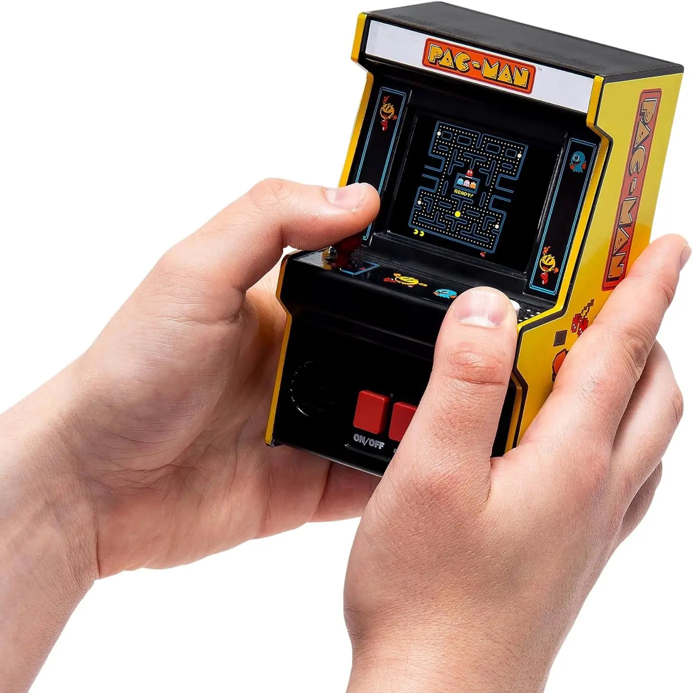 Mini consola joc portabila ARCADE1UP, Mini Classic Pac-Man, H 23 cm, un jucator, ideala pentru calatorii, grafica retro vibranta, display LED color, difuzor extern, control al volumului, functionare cu baterii 3 x AA, ideala cadou, multicolor