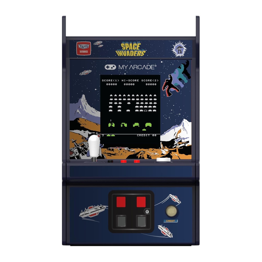 Mini consola verticala Space Invaders™ MyArcade, Micro Player Pro 6.7'', grafica originala, display color 2.75 inch, compacta si portabila, iluminare ajustabila, difuzor extern, adaptor casti, pentru game rooms si colectionari, ideala cadou, multicolor