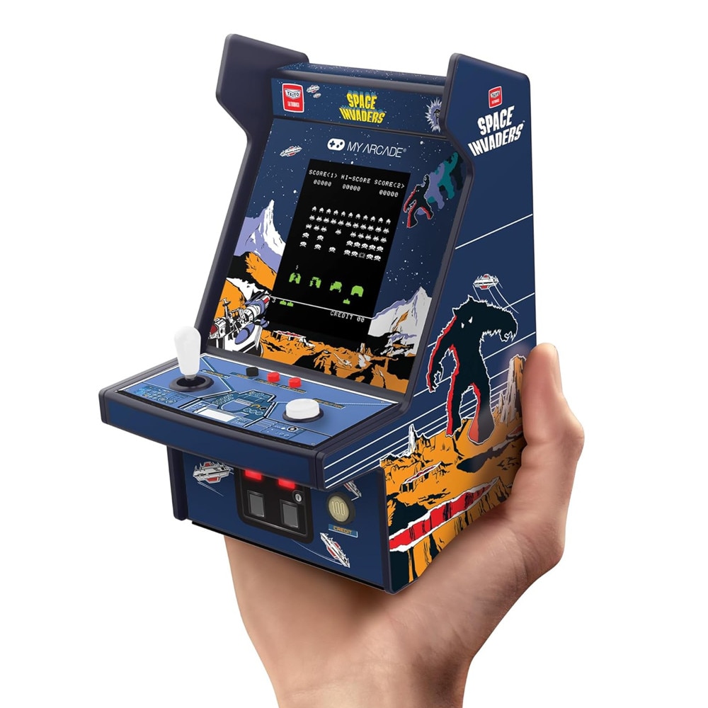 Mini consola verticala Space Invaders™ MyArcade, Micro Player Pro 6.7'', grafica originala, display color 2.75 inch, compacta si portabila, iluminare ajustabila, difuzor extern, adaptor casti, pentru game rooms si colectionari, ideala cadou, multicolor