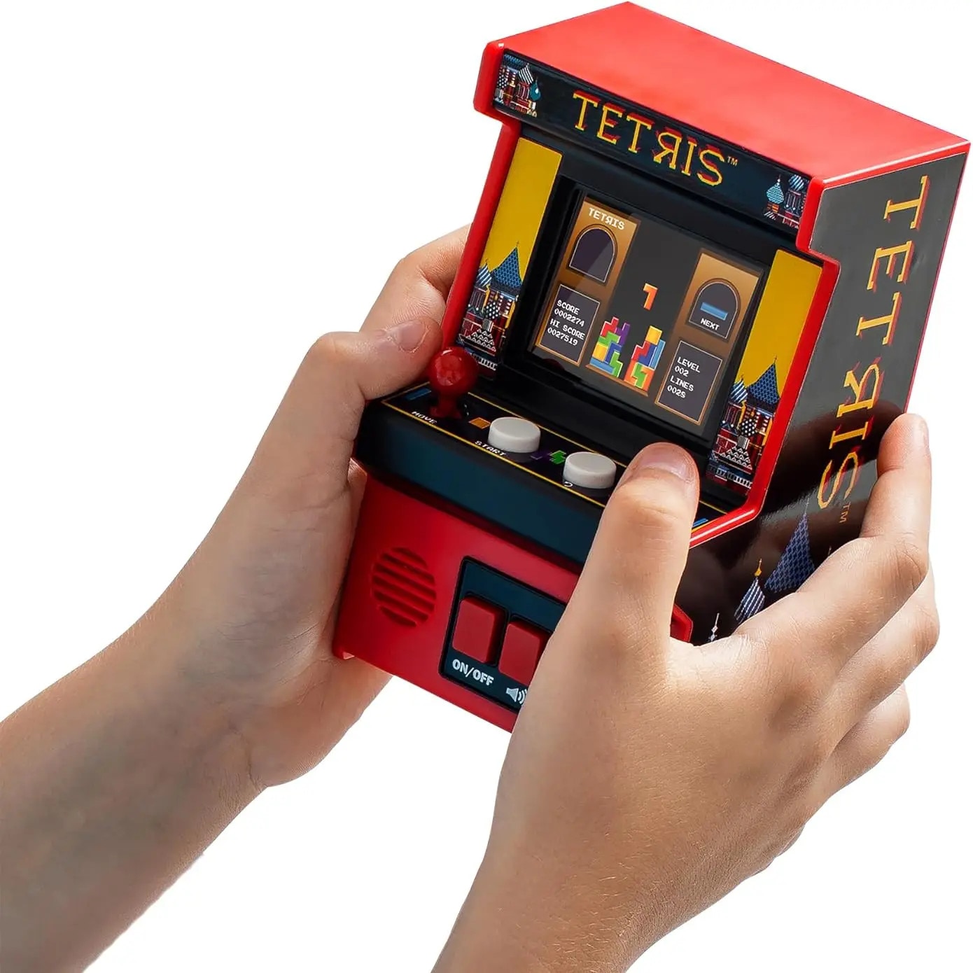 Mini consola joc portabila ARCADE1UP, Mini Classic Tetris, H 23 cm, un jucator, ideala pentru calatorii, grafica retro vibranta, display LED color, difuzor extern, control al volumului, functionare cu baterii 3 x AA, ideala cadou, multicolor
