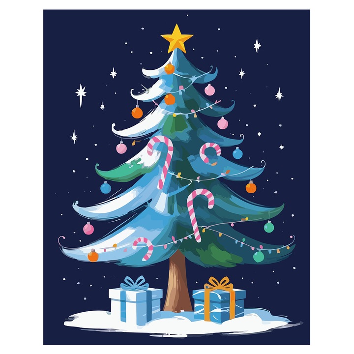 Set pictura pe numere Brad de Craciun 6224, panza bumbac pe rama lemn, 40x50 cm, tablou cu schita, 3 pensule si vopsea acrilica