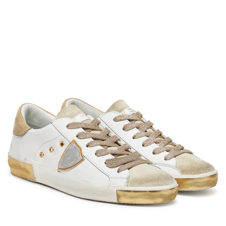 Tenisi dama, Philippe Model, piele naturala/piele intoarsa, alb/auriu