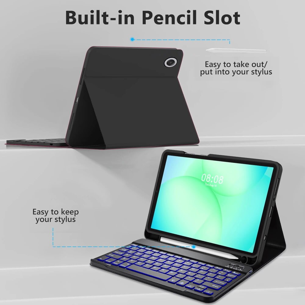 Husa pentru Samsung Galaxy Tab A11 8.7 inch cu tastatura iluminata wireless detasabila RGB 7 lights, Bluetooth, USB Type-C, functie stand si slot stylus + mouse wireless RGB lights, negru