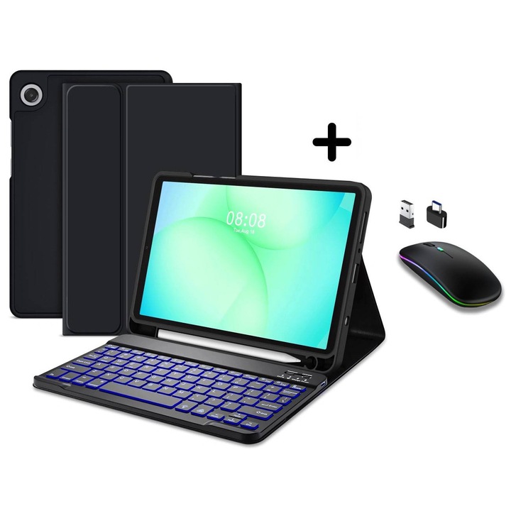 Husa pentru Samsung Galaxy Tab A11 Plus 11 inch cu tastatura iluminata wireless detasabila RGB 7 lights, Bluetooth, USB Type-C, functie stand si slot stylus + mouse wireless RGB lights, negru