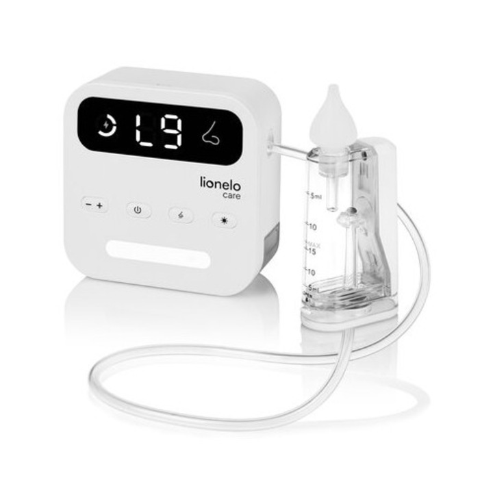 Aspirator nazal electric, Lionelo, Babyair Flow, Multifunctional, 9 trepte de aspirare, Functionare wireless pana la 2.5 h, Silentios, Functie de lampa, 3 varfuri din silicon, Perie de curatare inclusa, Cablu de incarcare USB-C, Alb