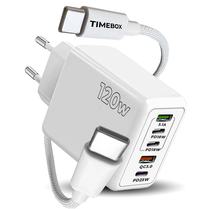 Incarcator Retea Timebox, 5 Porturi, 120W Fast Charge, 3 x Type-C, 2 x USB, Cablu de date inclus USB-C, Universal Multiport, Compatibil telefon, smartwatch, iPhone, Huawei, Samsung, Xiaomi, Alb
