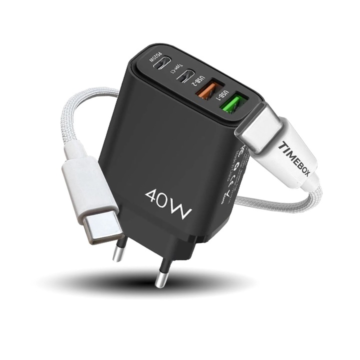 Incarcator Retea Timebox, 40W Fast Charge, cu 4 Porturi – 2 x Type-C si 2 x USB-A, Cablu de date inclus USB-C, Universal Multiport, Compatibil telefon, smartwatch, iPhone, Huawei, Samsung, Xiaomi, Negru + Alb