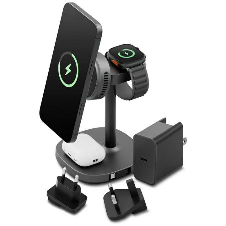 Energea MagArctic Stand 4 az 1-ben vezeték nélküli töltő, MagSafe kompatibilis, 15W teljesítmény, 3A, USB-C, Gunmetal