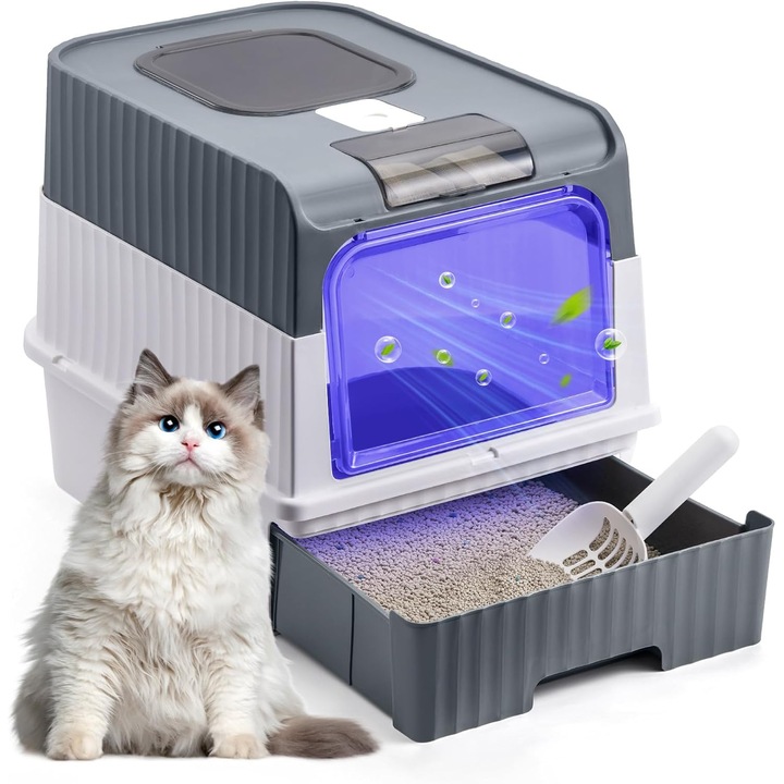 Litiera pentru Pisici cu Capac, Piduules, pentru Pisici de Pana la 15 kg, Tava Extensibila, cu Sterilizare, 56x38x40cm