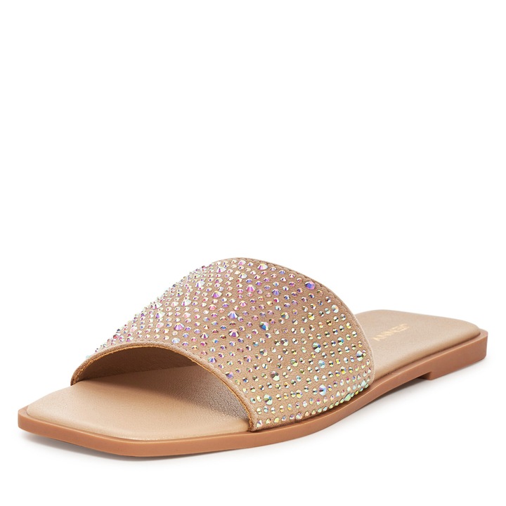 Papuci dama, Jenny, textil, bej, cristale