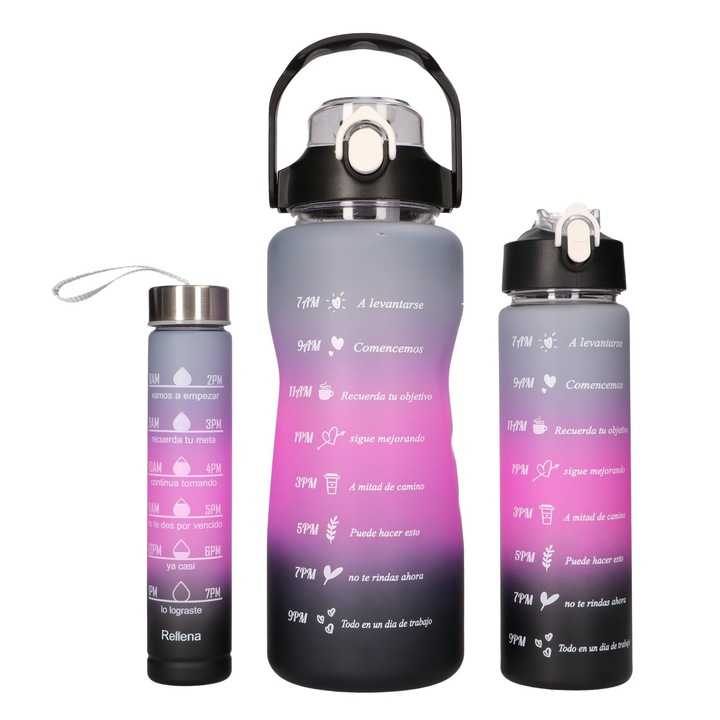 Sticla de apa pentru sport cu scala temporala, Extralink, Sticla de apa promotionala 3-in-1, 2000 ml + 900 ml + 300 ml, Roza - Negru, cu gura de scurgere confortabila, pentru sport si uz zilnic
