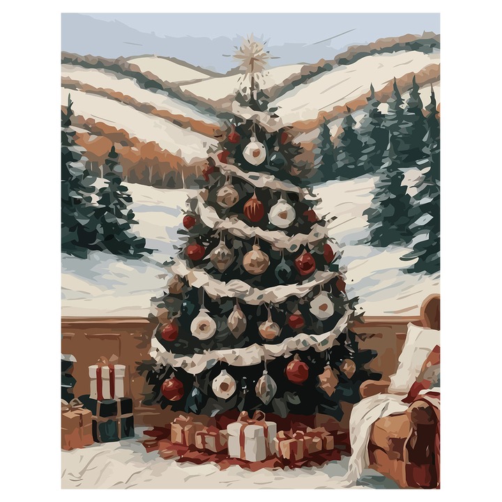 Set pictura pe numere Brad de Craciun 6229, panza bumbac pe rama lemn, 80x100 cm, tablou cu schita, 3 pensule si vopsea acrilica