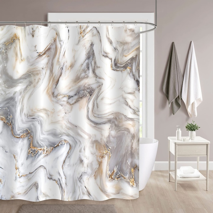 Perdea de dus din Material Impermeabil 180x180 cm, Design Abstract cu Marmura Maro si Textura Luxoasa, Set Complet pentru Baie, alb murdar