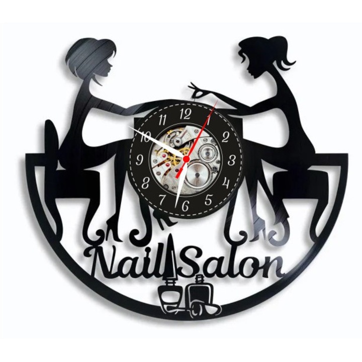 Стенен Часовник Nail Salon, Дизайн Маникюр и Красота, Ръчно Изработен от Рециклирана Винилова Плоча, Декор за Салон за Красота
