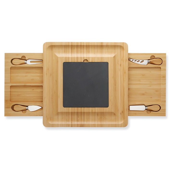 Set Platou din Bambus Adamcaly, pentru Branzeturi si Mezeluri, cu Tava Dreptunghiulara cu Ardezie, Set Cutite pentru Branzeturi, Tocator Servire Aperitive, ECO Friendly